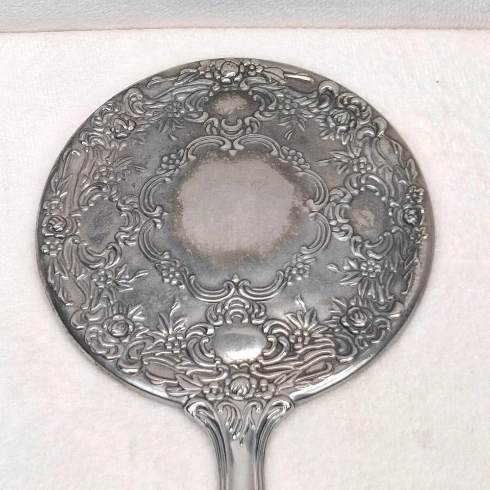 Ornate Silver-Tone Floral Metal Handheld Vanity Mirror Approx. 9 in